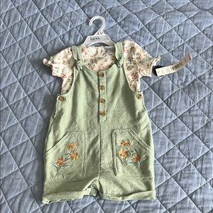 Floral Embroidered Green Kids Overalls